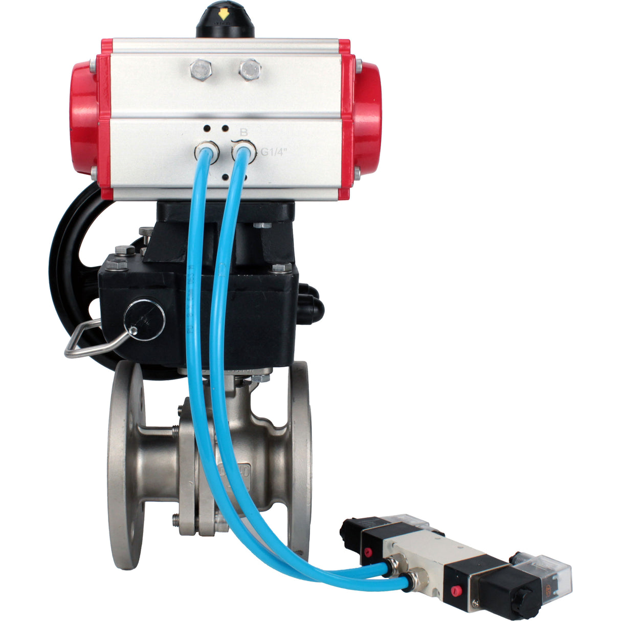 Kugelhähne Elephant BV3232P(2 Stück)-FP-F-ISO-H DN15-300 16 bar/16, voll durchgangsflansch, Edelstahl SS316, Dichtung - PTFE, mit doppeltwirkendem PA-DA Pneumatik-Antrieb, mit Pneumatikverteiler 4V320-08 220V, mit manuellem Doubler MON