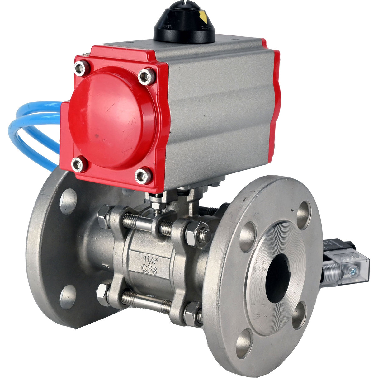 Kugelhähne Elephant BV3131P(3pc)-FP-F-ISO-H 16 bar, dreiteilig, voller Durchgang, geflanscht, Edelstahl SS304, Dichtung - PTFE, mit pneumatischem Antrieb PA-SA mit Rückstellfedern, mit pneumatischem Verteiler 4V320-08 220V