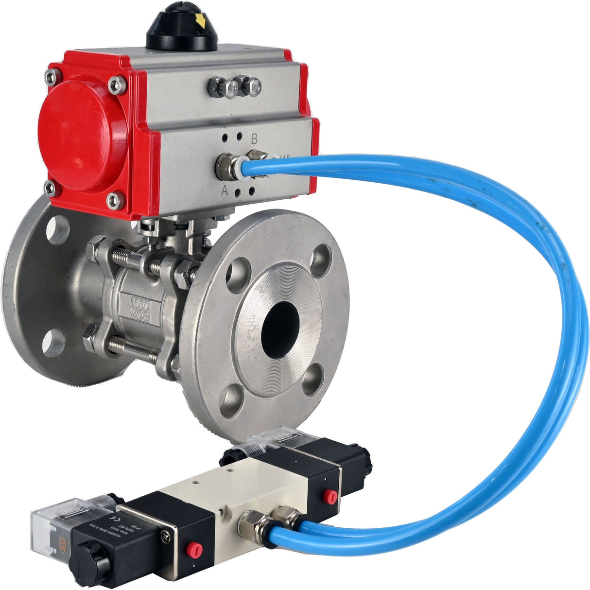 Kugelhähne Elephant BV3232P(3pc)-FP-F-ISO-H 16 bar, dreiteilig, voll durchgängig, geflanscht, Edelstahl SS304, Dichtung - PTFE, mit doppeltwirkendem PA-DA Pneumatik-Antrieb, mit Pneumatikverteiler 4V320-10 220V