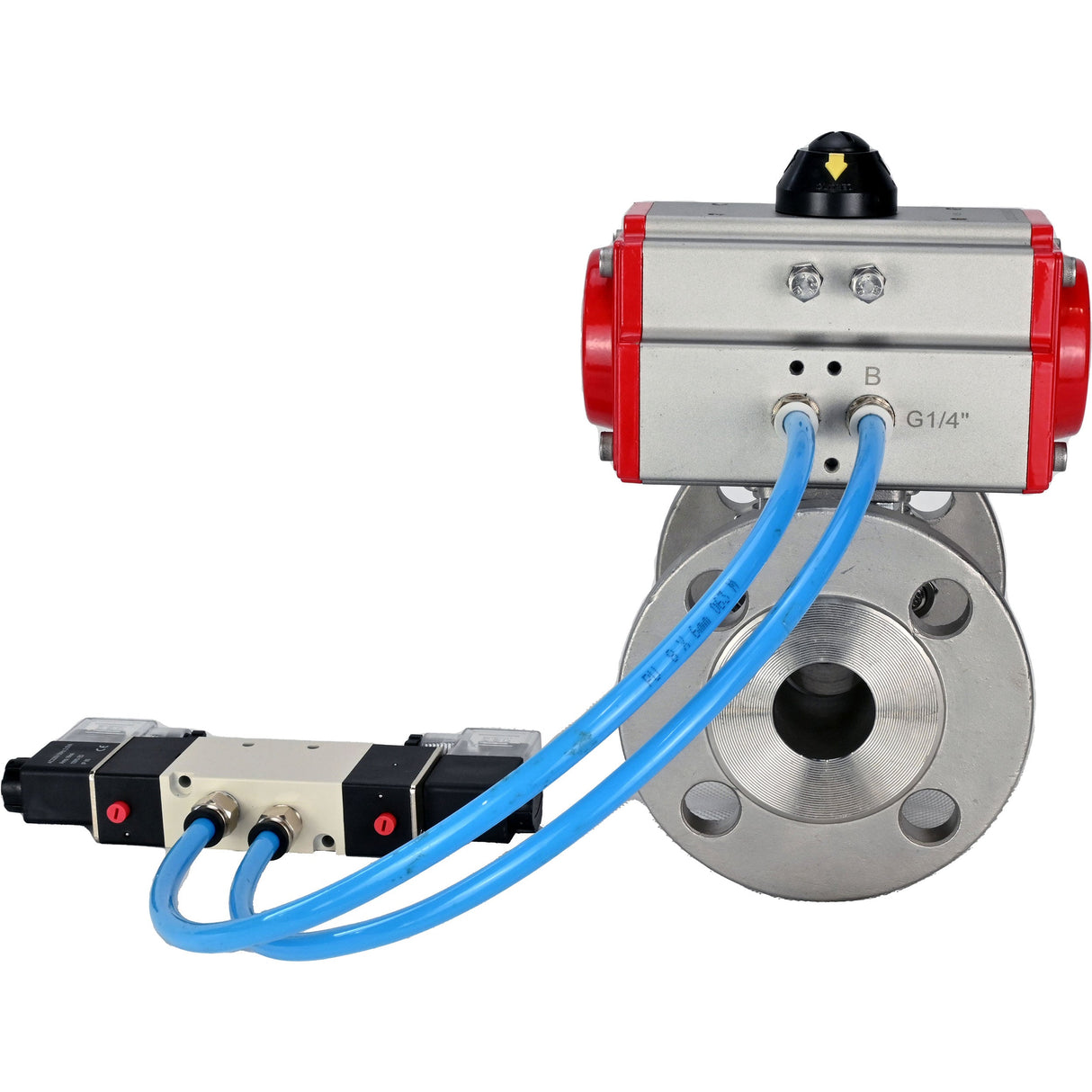 Kugelhähne Elephant BV3131P(3pc)-FP-F-ISO-H 16 bar, dreiteilig, voller Durchgang, geflanscht, Edelstahl SS304, Dichtung - PTFE, mit pneumatischem Antrieb PA-SA mit Rückstellfedern, mit pneumatischem Verteiler 4V320-08 220V