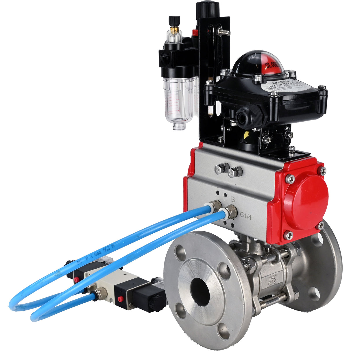 Kugelhähne Elephant BV3131P(3-teilig)-FP-F-ISO-H 16 bar, dreiteilig, voller Durchgang, Flansch, Edelstahl SS304, Dichtung - PTFE, mit doppeltwirkendem PA-DA Pneumatik-Antrieb, mit Pneumatikverteiler 4V320-10 220V, mit LSU APL-210N, mit ATU AFC2000