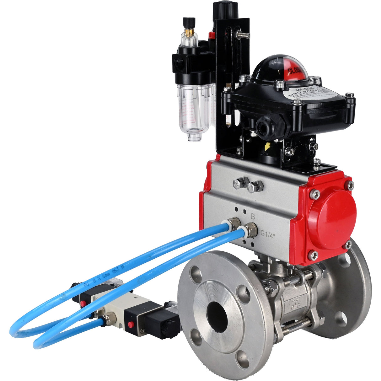 Kugelhähne Elephant BV3131P(3-teilig)-FP-F-ISO-H 16 bar, dreiteilig, voller Durchgang, Flansch, Edelstahl SS304, Dichtung - PTFE, mit doppeltwirkendem PA-DA Pneumatik-Antrieb, mit Pneumatikverteiler 4V320-10 220V, mit LSU APL-210N, mit ATU AFC2000