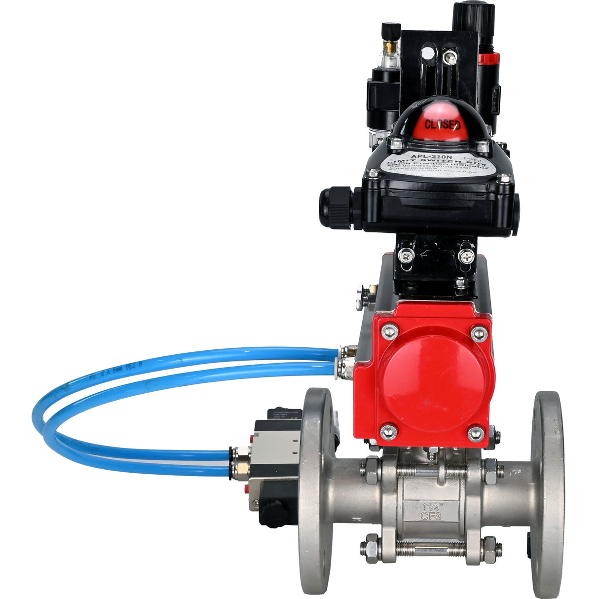 Kugelhähne Elephant BV3131P(3-teilig)-FP-F-ISO-H 16 bar, dreiteilig, voller Durchgang, geflanscht, Edelstahl SS304, PTFE, mit pneumatischem Antrieb PA-SA mit Rückstellfedern, mit pneumatischem Verteiler 4V320-08 220V, mit LSU APL -210N, mit ATU AFC2000