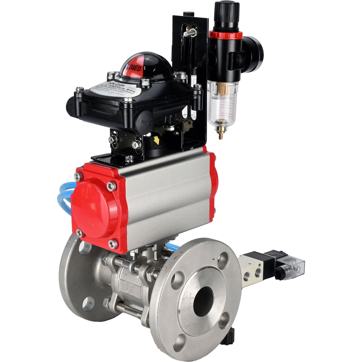 Kugelhähne Elephant BV3232P(3pc)-FP-F-ISO-H 16 bar, dreiteilig, voller Durchgang, geflanscht, Edelstahl SS304, Dichtung - PTFE, mit doppeltwirkendem PA-DA Pneumatik-Antrieb, mit Pneumatikverteiler 4V320-10 220V, mit LSU APL-210N, mit ATU AFC2000