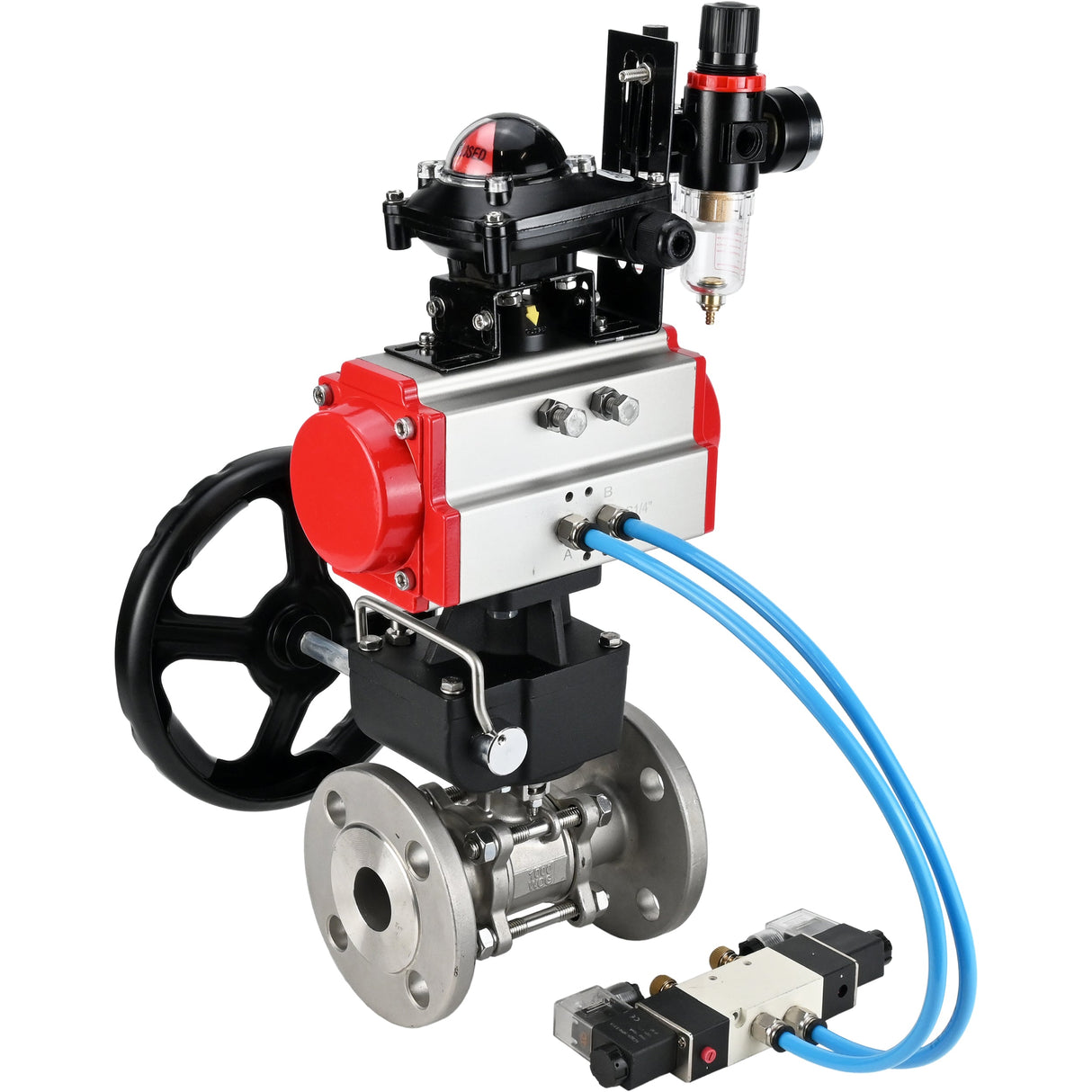 Kugelhähne Elephant BV3232P(3pc)-FP-F-ISO-H, Gehäusematerial - Edelstahl AISI 316, Dichtung - PTFE / PTFE / Teflon, mit pneumatischem Doppelwirkungsantrieb PA-DA, 4V320-10 220V, LSU APL-210N, Handrad MON, ATU AFC2000