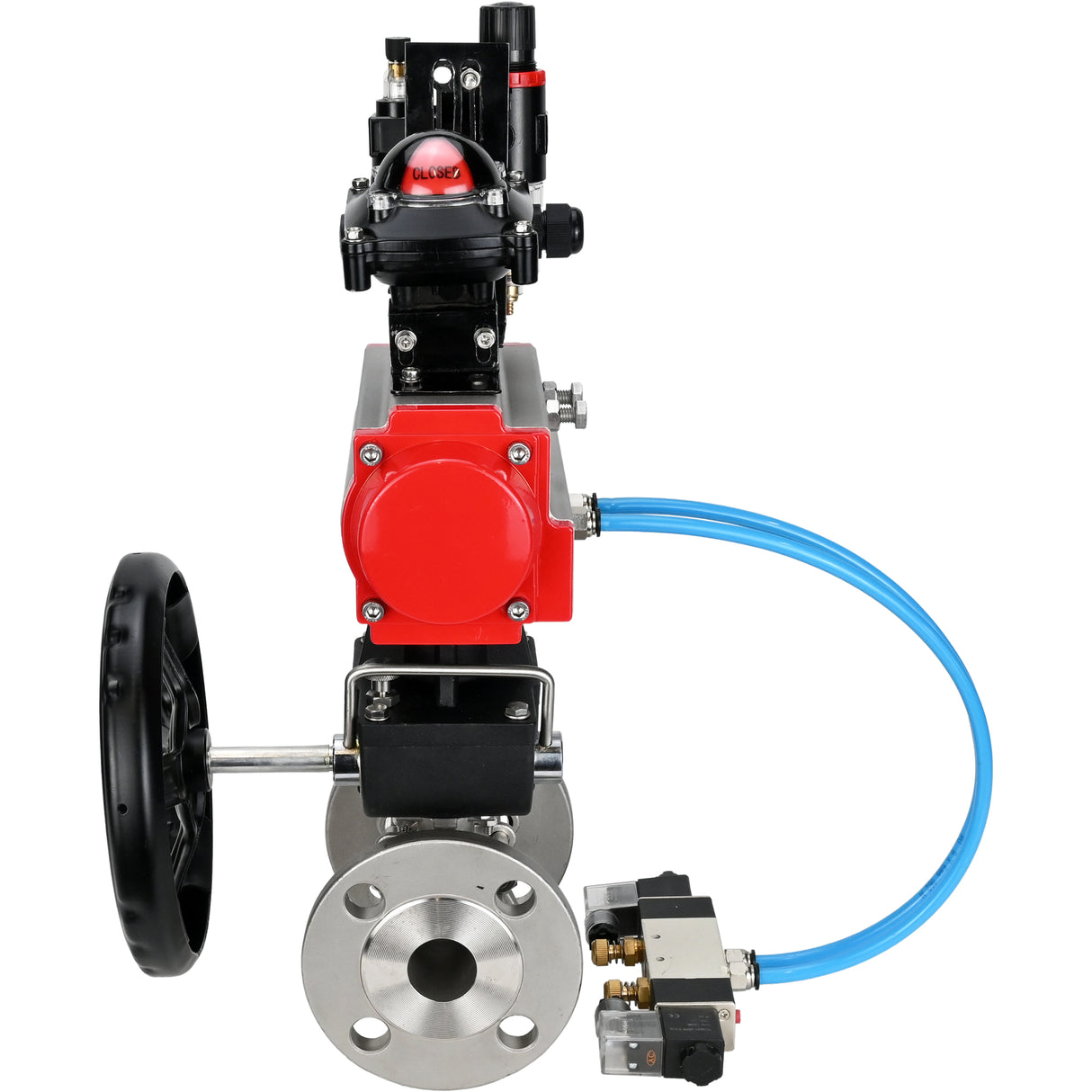 Ball valves Elephant BV3131P(3pc)-FP-F-ISO-H DN15-40 16 bar, three-piece full bore flanged, stainless steel SS304, PTFE, with pneumatic drive PA-DA, with pneumatic distributor 4V320-08 220V, with LSU APL-210N, manual Doubler MON1-250-T26-ISO, with ATU AFC