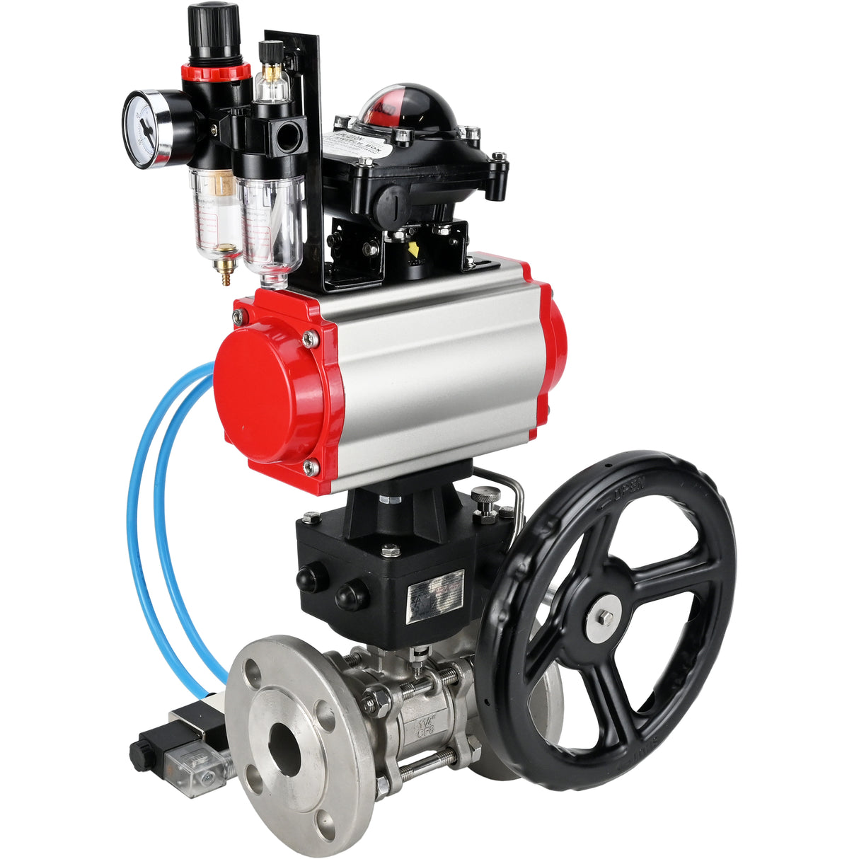 Ball valves Elephant BV3131P(3pc)-FP-F-ISO-H DN15-40 16 bar, three-piece full bore flanged, stainless steel SS304, PTFE, with pneumatic drive PA-DA, with pneumatic distributor 4V320-08 220V, with LSU APL-210N, manual Doubler MON1-250-T26-ISO, with ATU AFC