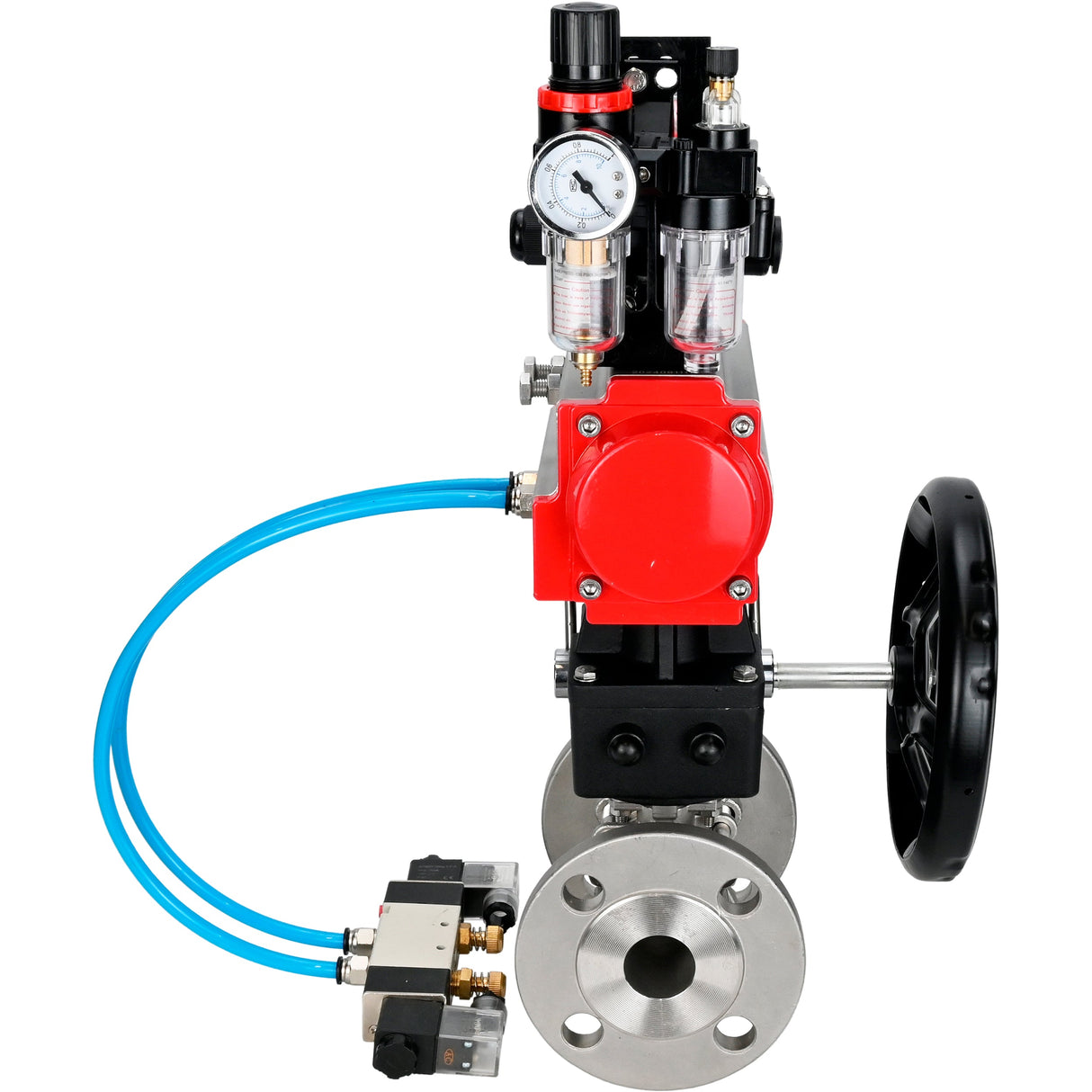 Ball valves Elephant BV3232P(3pc)-FP-F-ISO-H DN15-40 16 bar, three-piece full bore flanged, stainless steel SS304, PTFE, with pneumatic drive PA-DA, with pneumatic distributor 4V320-08 220V, with LSU APL-210N, manual Doubler MON1-250-T26-ISO, with ATU AFC