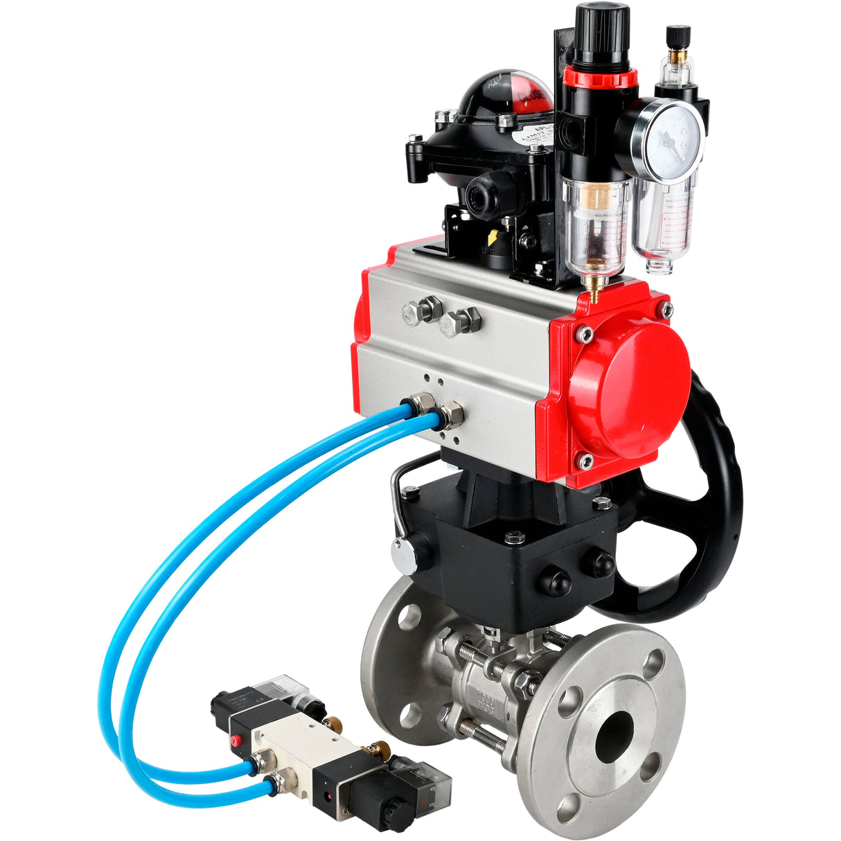 Kugelhähne Elephant BV3232P(3pc)-FP-F-ISO-H, Gehäusematerial - Edelstahl AISI 316, Dichtung - PTFE / PTFE / Teflon, mit pneumatischem Doppelwirkungsantrieb PA-DA, 4V320-10 220V, LSU APL-210N, Handrad MON, ATU AFC2000