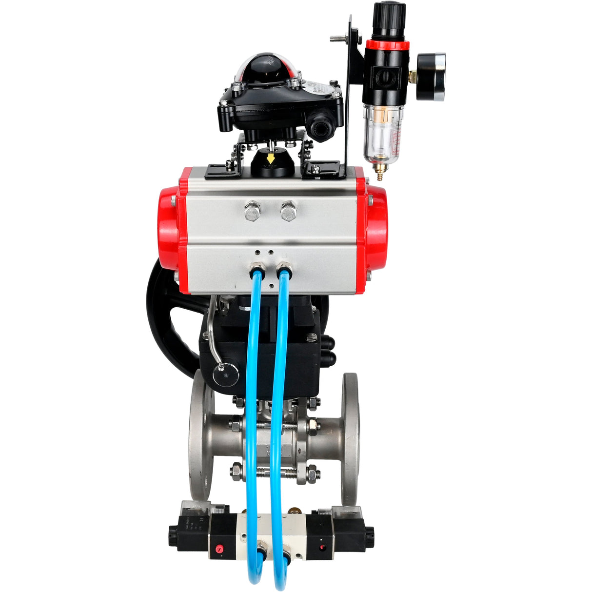 Kugelhähne Elephant BV3232P(3pc)-FP-F-ISO-H, Gehäusematerial - Edelstahl AISI 316, Dichtung - PTFE / PTFE / Teflon, mit pneumatischem Doppelwirkungsantrieb PA-DA, 4V320-10 220V, LSU APL-210N, Handrad MON, ATU AFC2000