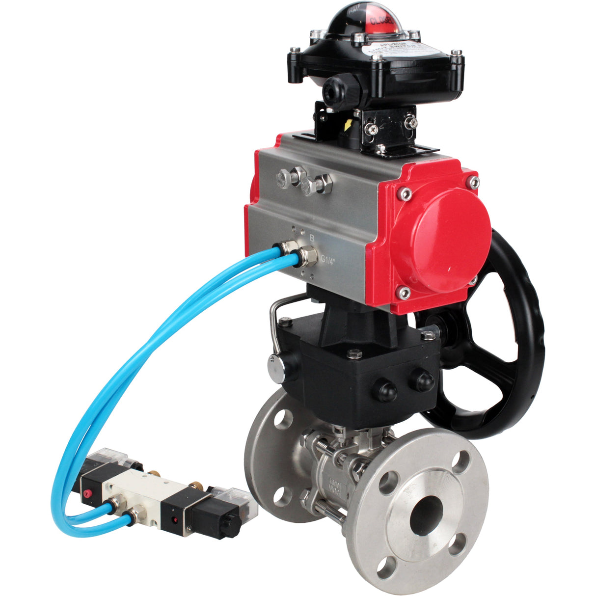 Kugelhähne Elephant BV3131P(3pc)-FP-F-ISO-H, Gehäusematerial - Edelstahl AISI 304, Dichtung - PTFE / PTFE / Teflon, mit pneumatischem Doppelwirkungsantrieb PA-DA, 4V320-10 220V, LSU APL-210N, Handrad MON