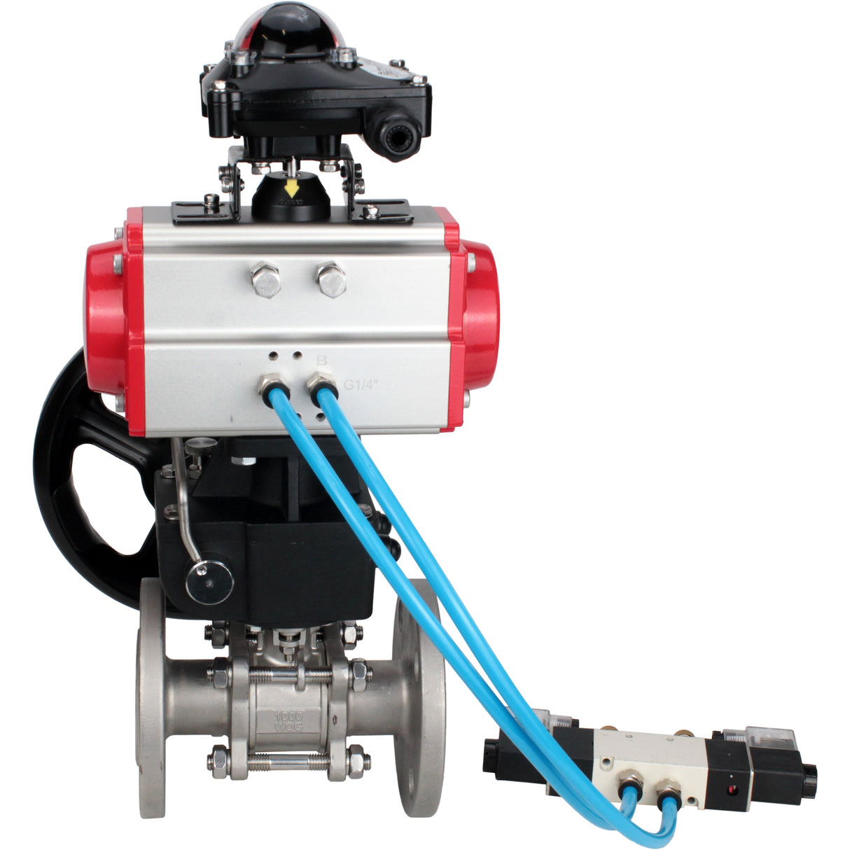 Kugelhähne Elephant BV3131P(3pc)-FP-F-ISO-H, Gehäusematerial - Edelstahl AISI 304, Dichtung - PTFE / PTFE / Teflon, mit pneumatischem Doppelwirkungsantrieb PA-DA, 4V320-10 220V, LSU APL-210N, Handrad MON