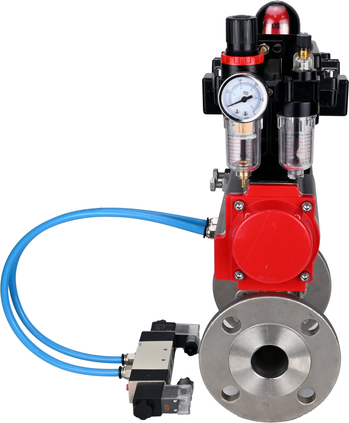 Kugelhähne Elephant BV3131P(3-teilig)-FP-F-ISO-H 16 bar, dreiteilig, voller Durchgang, Flansch, Edelstahl SS304, Dichtung - PTFE, mit doppeltwirkendem PA-DA Pneumatik-Antrieb, mit Pneumatikverteiler 4V320-10 220V, mit LSU APL-410N EX, mit ATU AFC200