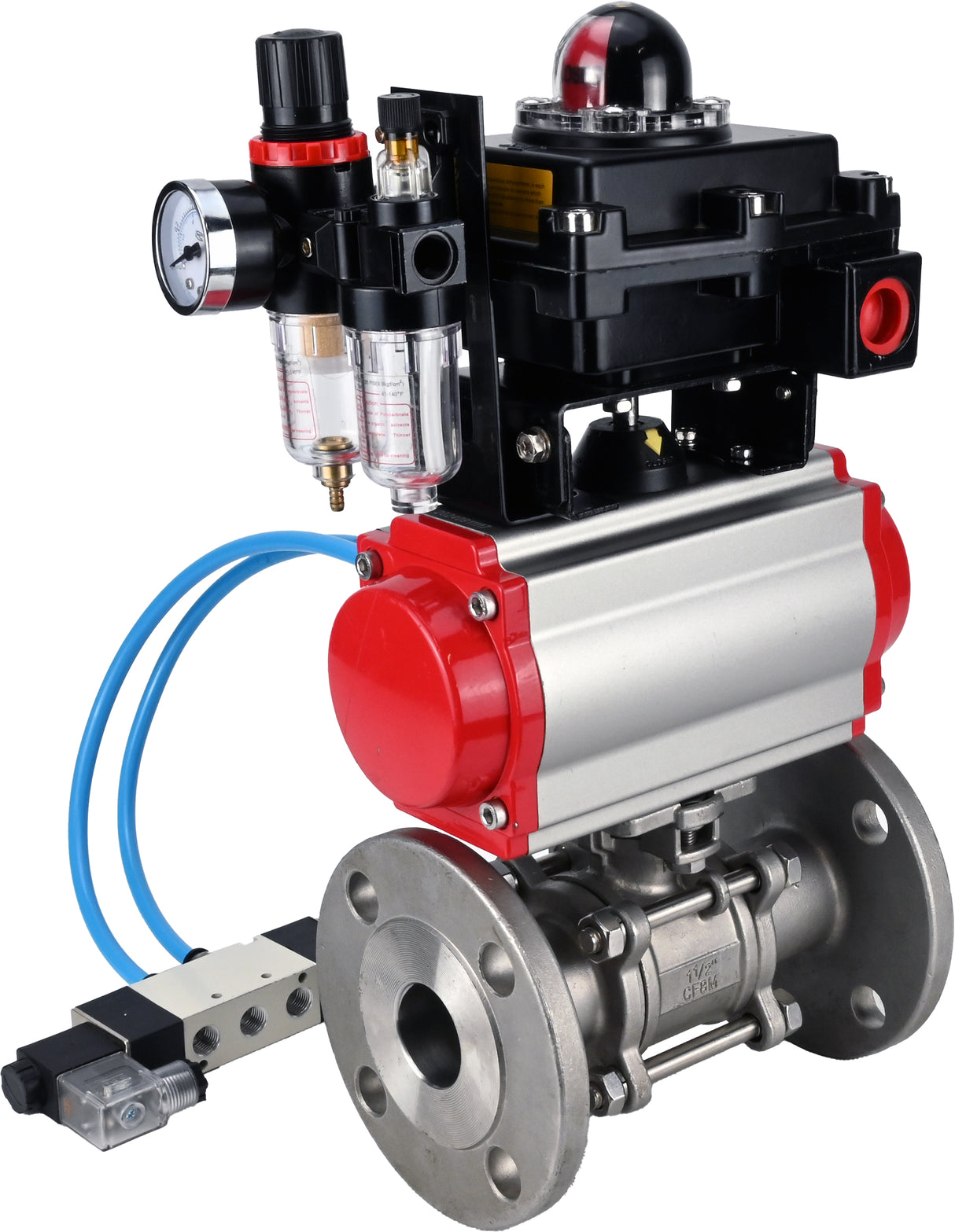 Kugelhähne Elephant BV3131P(3-teilig)-FP-F-ISO-H 16 bar, dreiteilig, voller Durchgang, Flansch, Edelstahl SS304, Dichtung - PTFE, mit doppeltwirkendem PA-DA Pneumatik-Antrieb, mit Pneumatikverteiler 4V320-10 220V, mit LSU APL-410N EX, mit ATU AFC200