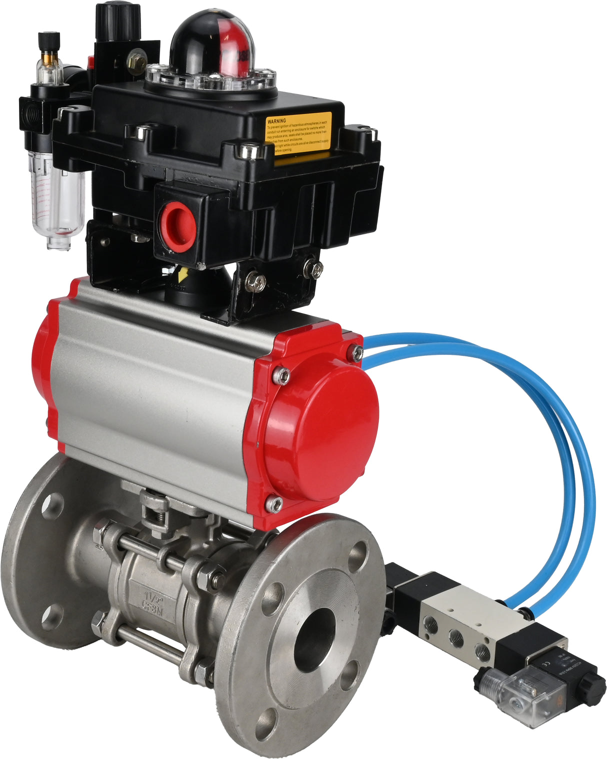 Kugelhähne Elephant BV3131P(3-teilig)-FP-F-ISO-H 16 bar, dreiteilig, voller Durchgang, Flansch, Edelstahl SS304, Dichtung - PTFE, mit doppeltwirkendem PA-DA Pneumatik-Antrieb, mit Pneumatikverteiler 4V320-10 220V, mit LSU APL-410N EX, mit ATU AFC200