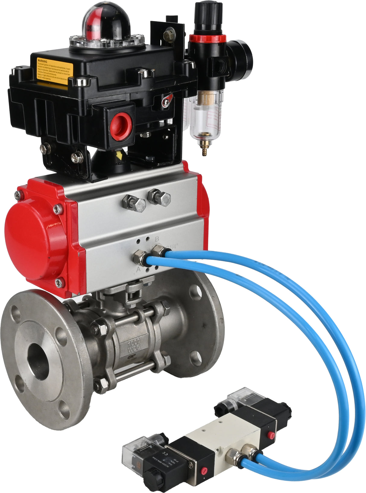 Kugelhähne Elephant BV3131P(3-teilig)-FP-F-ISO-H 16 bar, dreiteilig, voller Durchgang, Flansch, Edelstahl SS304, Dichtung - PTFE, mit doppeltwirkendem PA-DA Pneumatik-Antrieb, mit Pneumatikverteiler 4V320-10 220V, mit LSU APL-410N EX, mit ATU AFC200