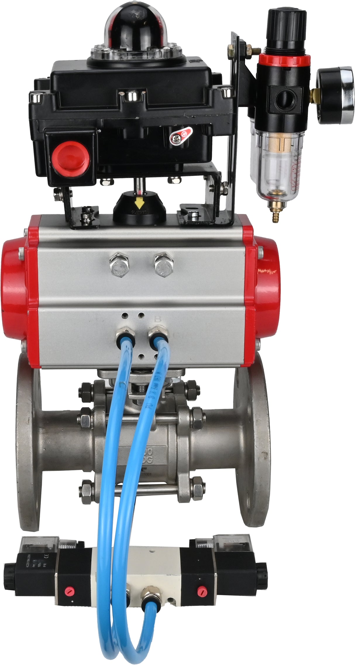 Kugelhähne Elephant BV3131P(3-teilig)-FP-F-ISO-H 16 bar, dreiteilig, voller Durchgang, Flansch, Edelstahl SS304, Dichtung - PTFE, mit doppeltwirkendem PA-DA Pneumatik-Antrieb, mit Pneumatikverteiler 4V320-10 220V, mit LSU APL-410N EX, mit ATU AFC200