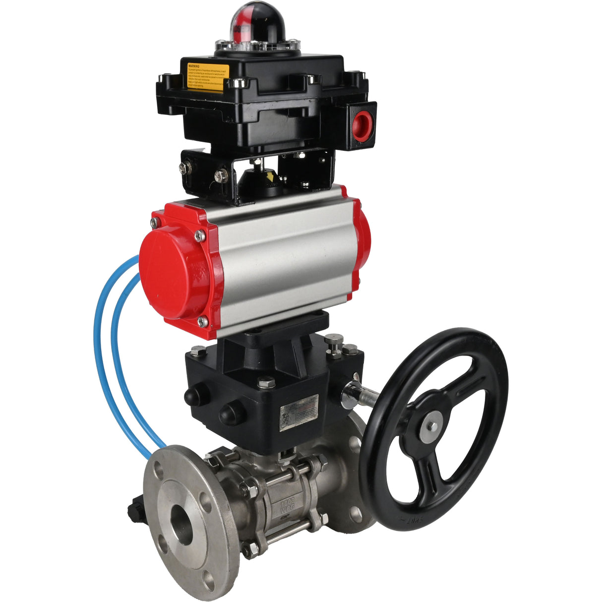 Kugelhähne Elephant BV3131P(3pc)-FP-F-ISO-H DN15-40 16 bar, dreiteilig, voll durchgangsflansch, Edelstahl SS304, PTFE, mit pneumatischem Antrieb PA-DA, mit pneumatischem Verteiler 4V320-08 220V, mit LSU APL-410N EX, manuell Doubler MON1-250-T26-ISO