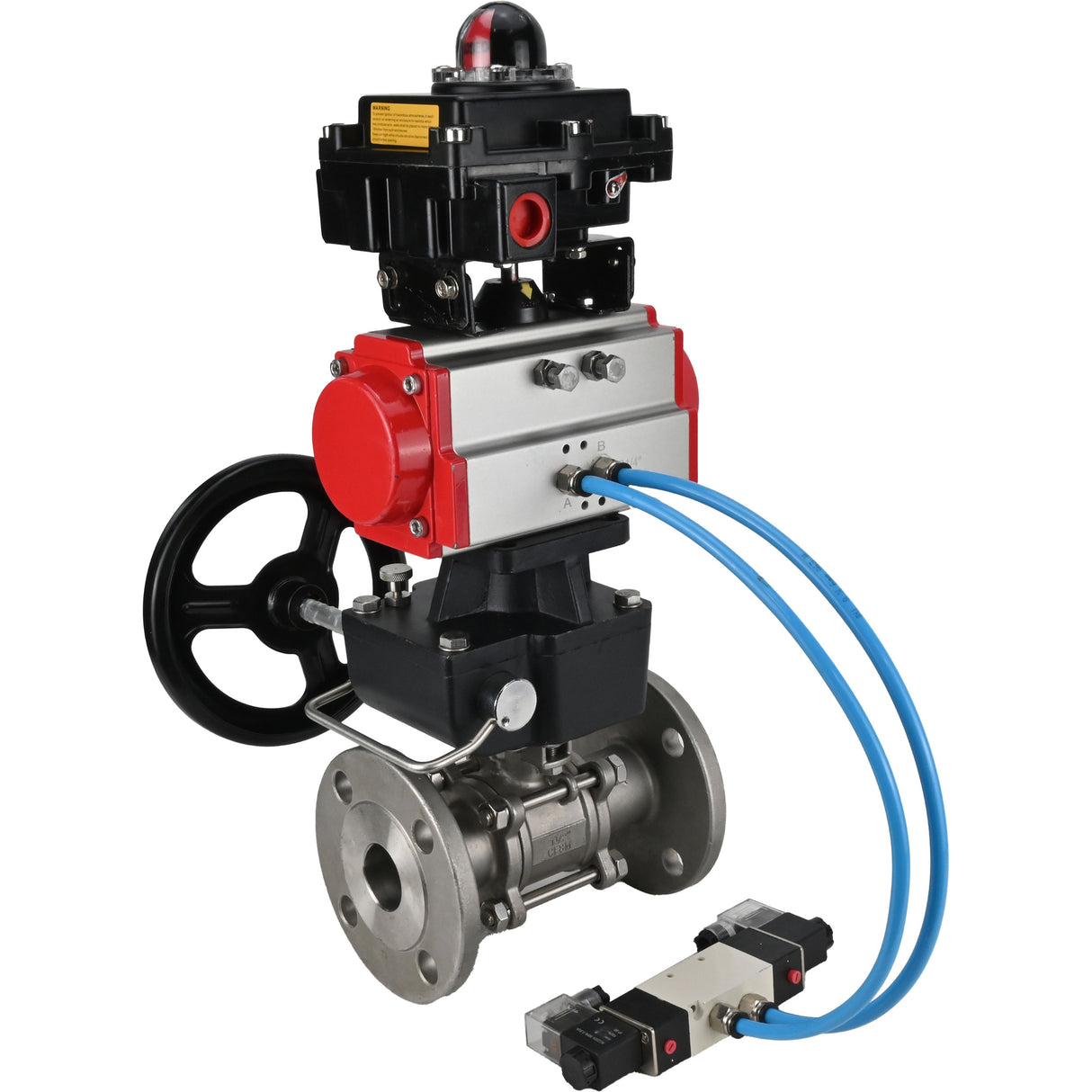 Kugelhähne Elephant BV3131P(3pc)-FP-F-ISO-H DN15-40 16 bar, dreiteilig, voll durchgangsflansch, Edelstahl SS304, PTFE, mit pneumatischem Antrieb PA-DA, mit pneumatischem Verteiler 4V320-08 220V, mit LSU APL-410N EX, manuell Doubler MON1-250-T26-ISO