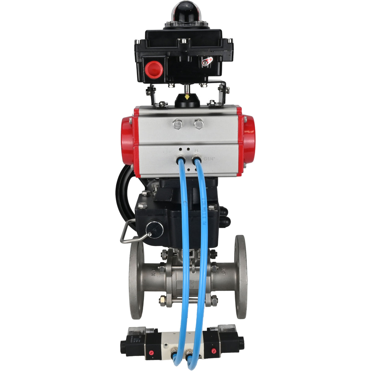 Kugelhähne Elephant BV3131P(3pc)-FP-F-ISO-H DN15-40 16 bar, dreiteilig, voll durchgangsflansch, Edelstahl SS304, PTFE, mit pneumatischem Antrieb PA-DA, mit pneumatischem Verteiler 4V320-08 220V, mit LSU APL-410N EX, manuell Doubler MON1-250-T26-ISO