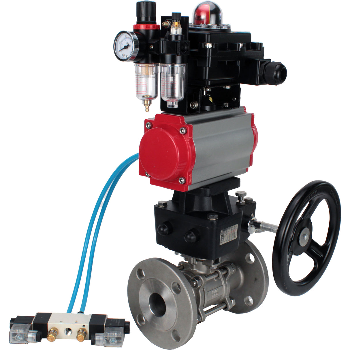 Ball valves Elephant BV3131P(3pc)-FP-F-ISO-H DN15-40 16 bar, three-piece full bore flanged, stainless steel SS304, PTFE, with pneumatic drive PA-DA, with pneumatic distributor 4V320-08 220V, with LSU APL-410N EX , manual Doubler MON1-250-T26-ISO, with ATU