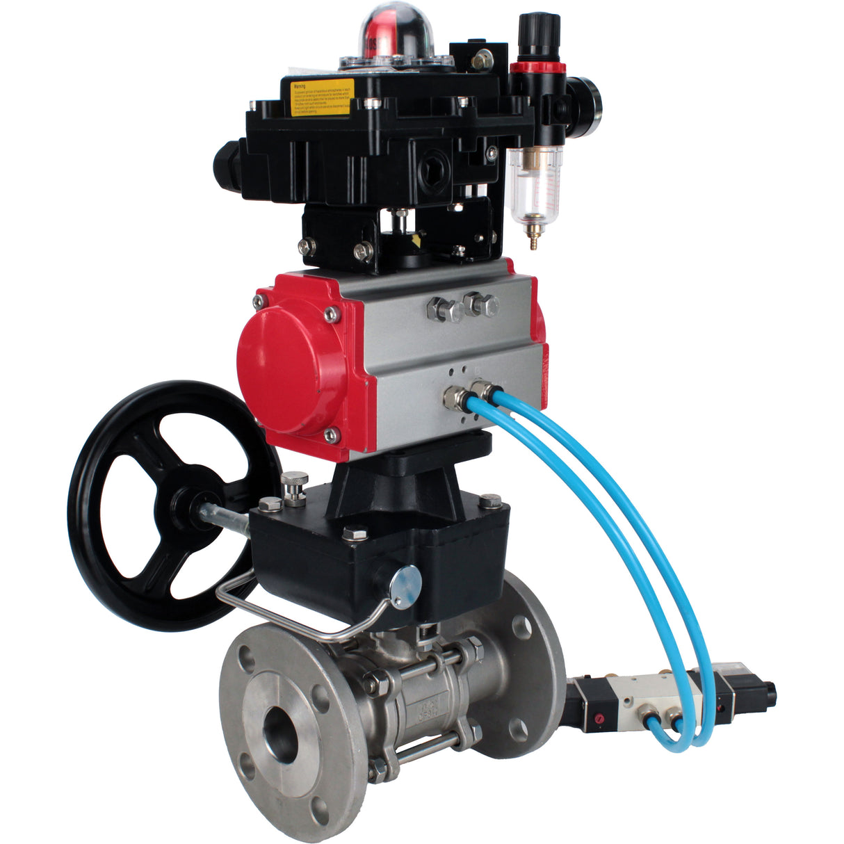 Ball valves Elephant BV3131P(3pc)-FP-F-ISO-H DN15-40 16 bar, three-piece full bore flanged, stainless steel SS304, PTFE, with pneumatic drive PA-DA, with pneumatic distributor 4V320-08 220V, with LSU APL-410N EX , manual Doubler MON1-250-T26-ISO, with ATU