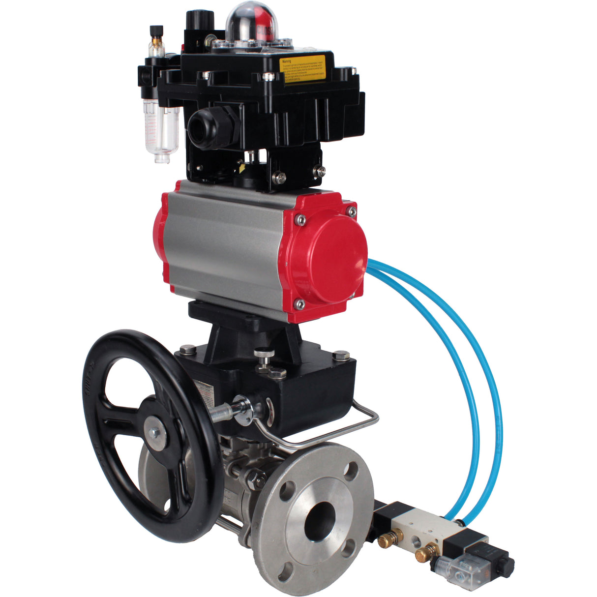 Ball valves Elephant BV3131P(3pc)-FP-F-ISO-H DN15-40 16 bar, three-piece full bore flanged, stainless steel SS304, PTFE, with pneumatic drive PA-DA, with pneumatic distributor 4V320-08 220V, with LSU APL-410N EX , manual Doubler MON1-250-T26-ISO, with ATU