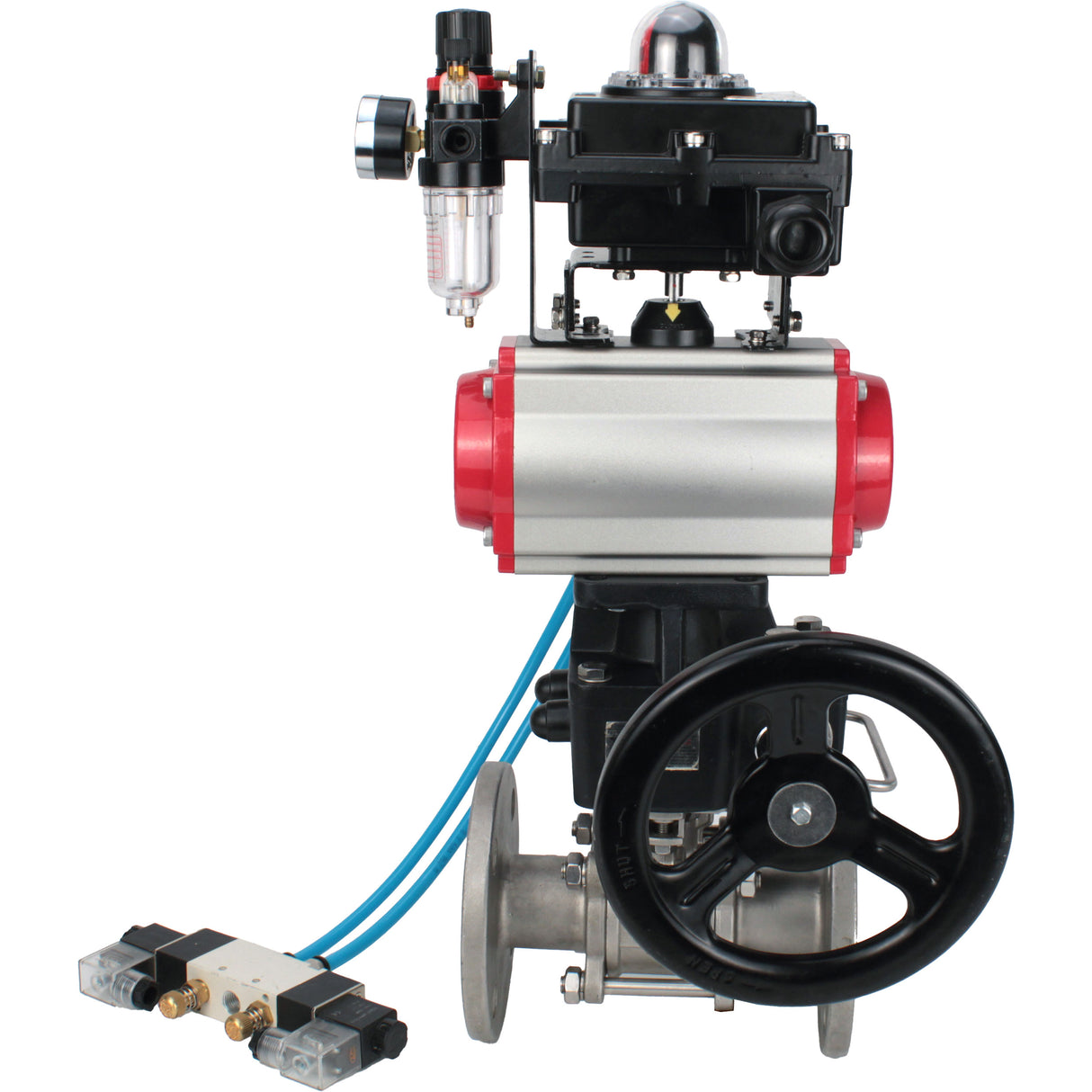 Ball valves Elephant BV3131P(3pc)-FP-F-ISO-H DN15-40 16 bar, three-piece full bore flanged, stainless steel SS304, PTFE, with pneumatic drive PA-DA, with pneumatic distributor 4V320-08 220V, with LSU APL-410N EX , manual Doubler MON1-250-T26-ISO, with ATU