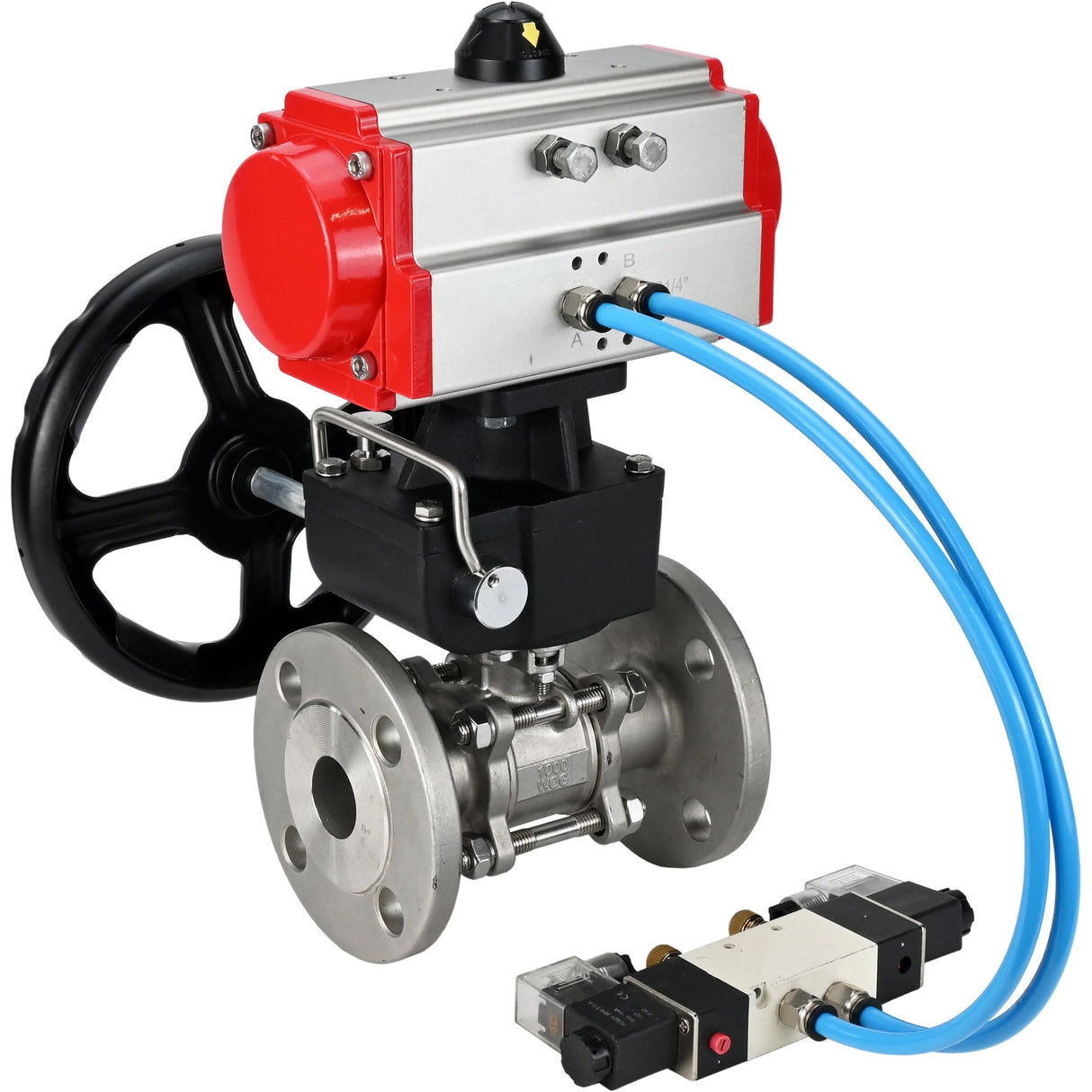 Kugelhähne Elephant BV3131P(3pc)-FP-F-ISO-H, Gehäusematerial - Edelstahl AISI 304, Dichtung - PTFE / PTFE / Teflon, mit pneumatischem Doppelwirkungsantrieb PA-DA, 4V320-10 220V, Handrad MON