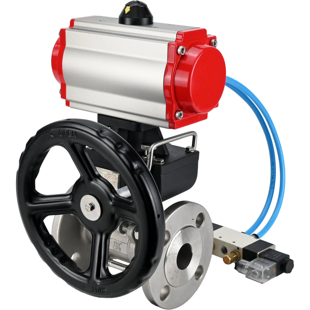 Kugelhähne Elephant BV3232P(3pc)-FP-F-ISO-H, dreiteilig, voller Durchgang, geflanscht, Edelstahl SS304, Dichtung - PTFE, mit doppeltwirkendem PA-DA Pneumatik-Antrieb, mit Pneumatikverteiler 4V320-08 220V, mit manuellem DNbler MON1-250-T26-I