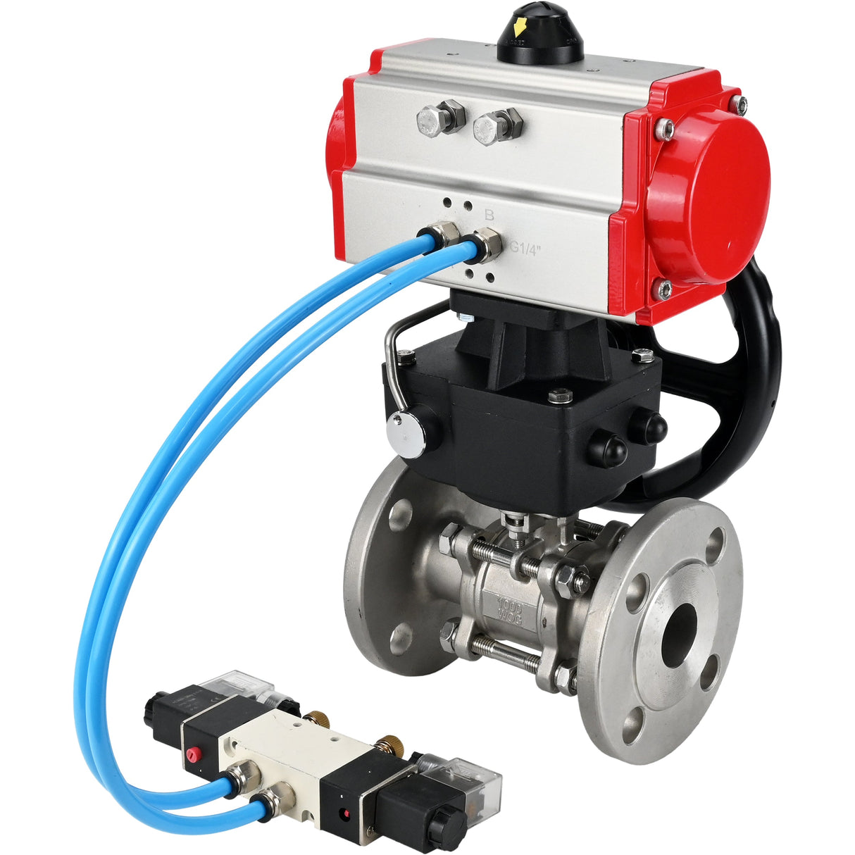 Kugelhähne Elephant BV3232P(3pc)-FP-F-ISO-H, Gehäusematerial - Edelstahl AISI 316, Dichtung - PTFE / PTFE / Teflon, mit pneumatischem Doppelwirkungsantrieb PA-DA, 4V320-10 220V, Handrad MON