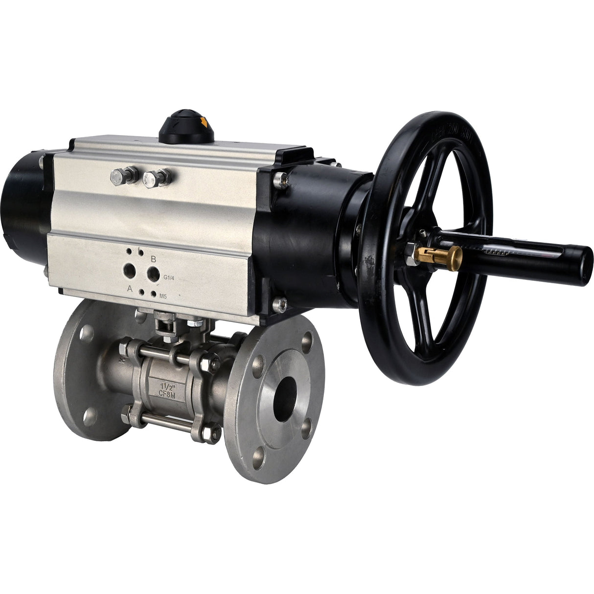 Kugelhähne Elephant BV3131P(3-teilig)-FP-F-ISO-H DN65-80 16 bar dreiteilig, voller Durchgang, geflanscht, Gehäuse - Edelstahl SS304, Dichtung - PTFE, mit pneumatischem Antrieb Elephant PA-DA-105-1