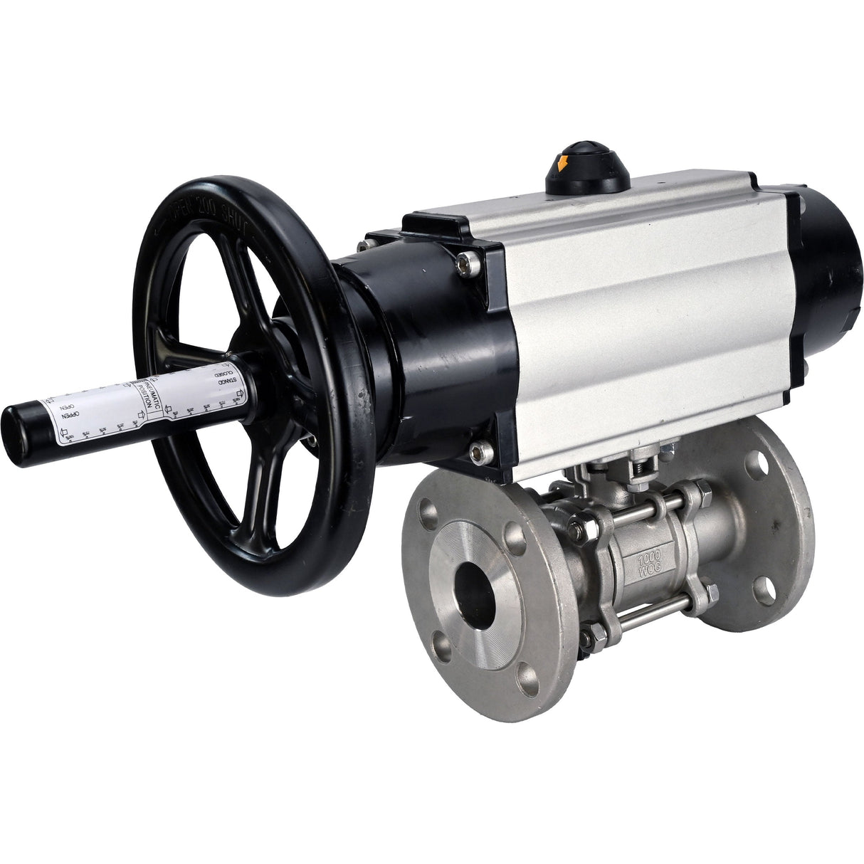 Kugelhähne Elephant BV3131P(3-teilig)-FP-F-ISO-H DN65-80 16 bar dreiteilig, voller Durchgang, geflanscht, Gehäuse - Edelstahl SS304, Dichtung - PTFE, mit pneumatischem Antrieb Elephant PA-DA-105-1