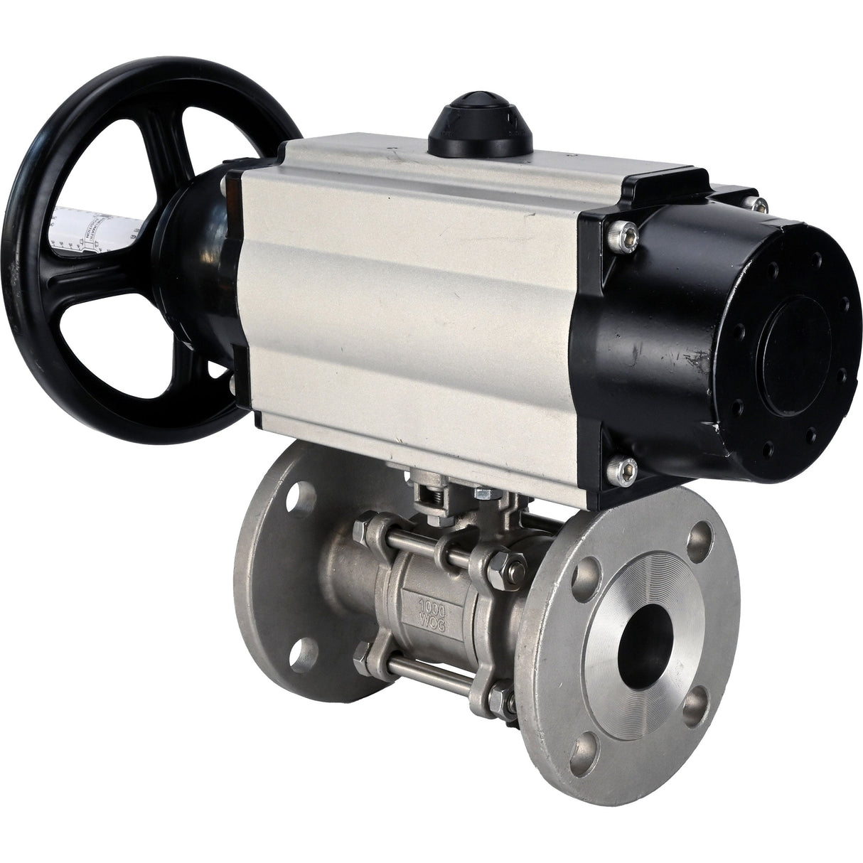 Kugelhähne Elephant BV3232P(3pc)-FP-F-ISO-H DN65-80 16 bar dreiteilig, voller Durchgang, geflanscht, Gehäuse - Edelstahl SS304, Dichtung - PTFE, mit pneumatischem Antrieb Elephant PA-DA