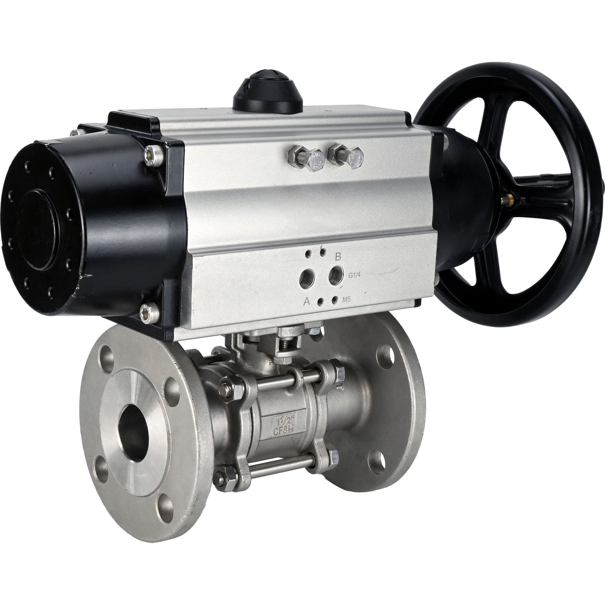 Kugelhähne Elephant BV3232P(3pc)-FP-F-ISO-H DN65-80 16 bar dreiteilig, voller Durchgang, geflanscht, Gehäuse - Edelstahl SS304, Dichtung - PTFE, mit pneumatischem Antrieb Elephant PA-DA