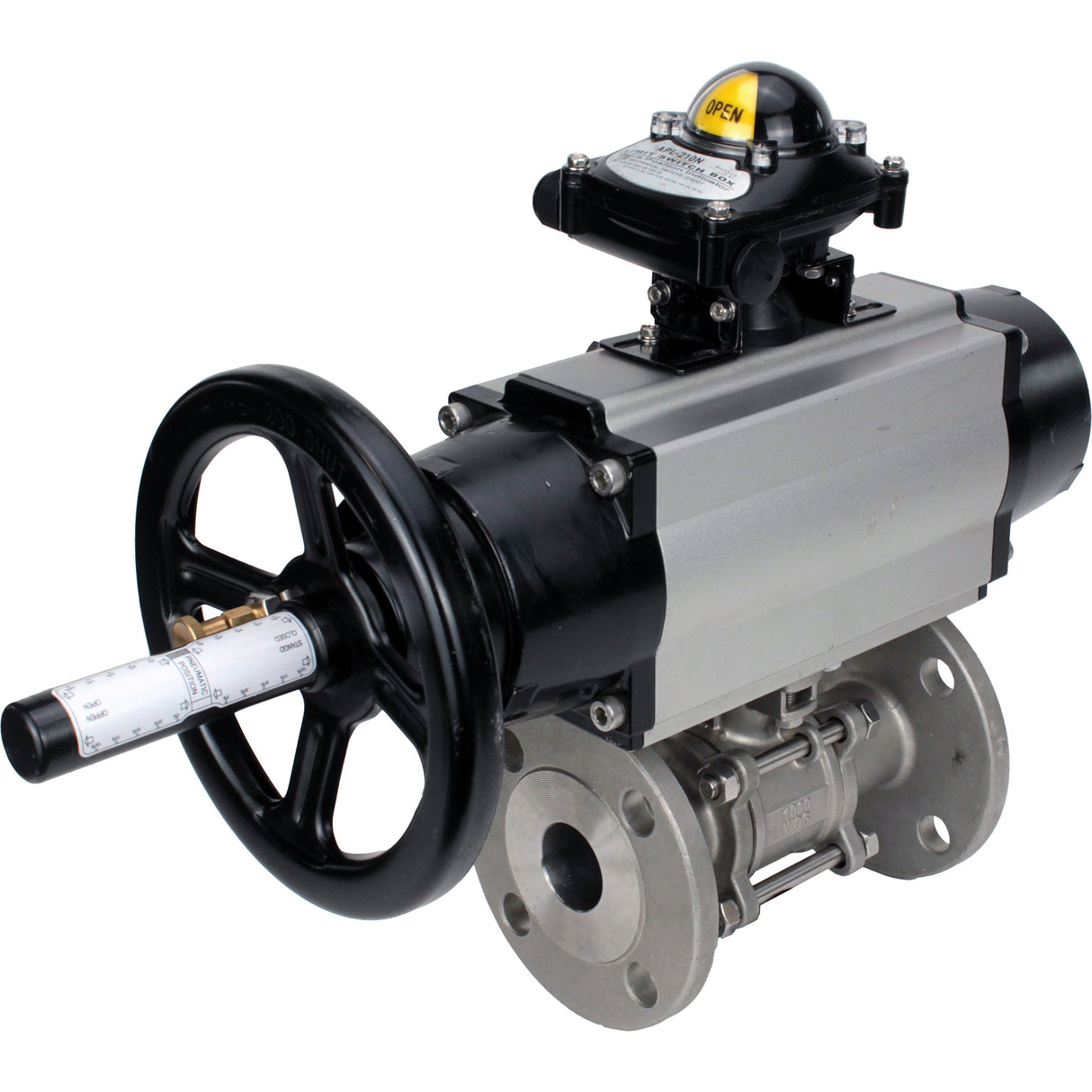 Kugelhähne Elephant BV3232P(3pc)-FP-F-ISO-H DN65-80 16 bar, dreiteilig, voller Durchgang, geflanscht, Edelstahl SS304, Dichtung - PTFE, mit pneumatischem Antrieb PA-DA-105-1 doppeltwirkend, mit pneumatischem Verteiler 4M310-08 220V, mit LSU APL-210N