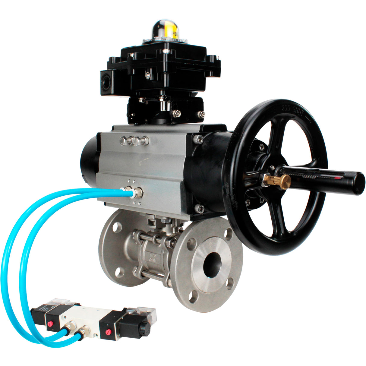 Kugelhähne Elephant BV3232P(3pc)-FP-F-ISO-H DN65-80 16 bar, dreiteilig, voller Durchgang, geflanscht, Edelstahl SS304, Dichtung - PTFE, mit pneumatischem Antrieb PA-DA-105-1 doppeltwirkend, mit pneumatischem Verteiler 4V320-10 220V, mit LSU APL-410N EX