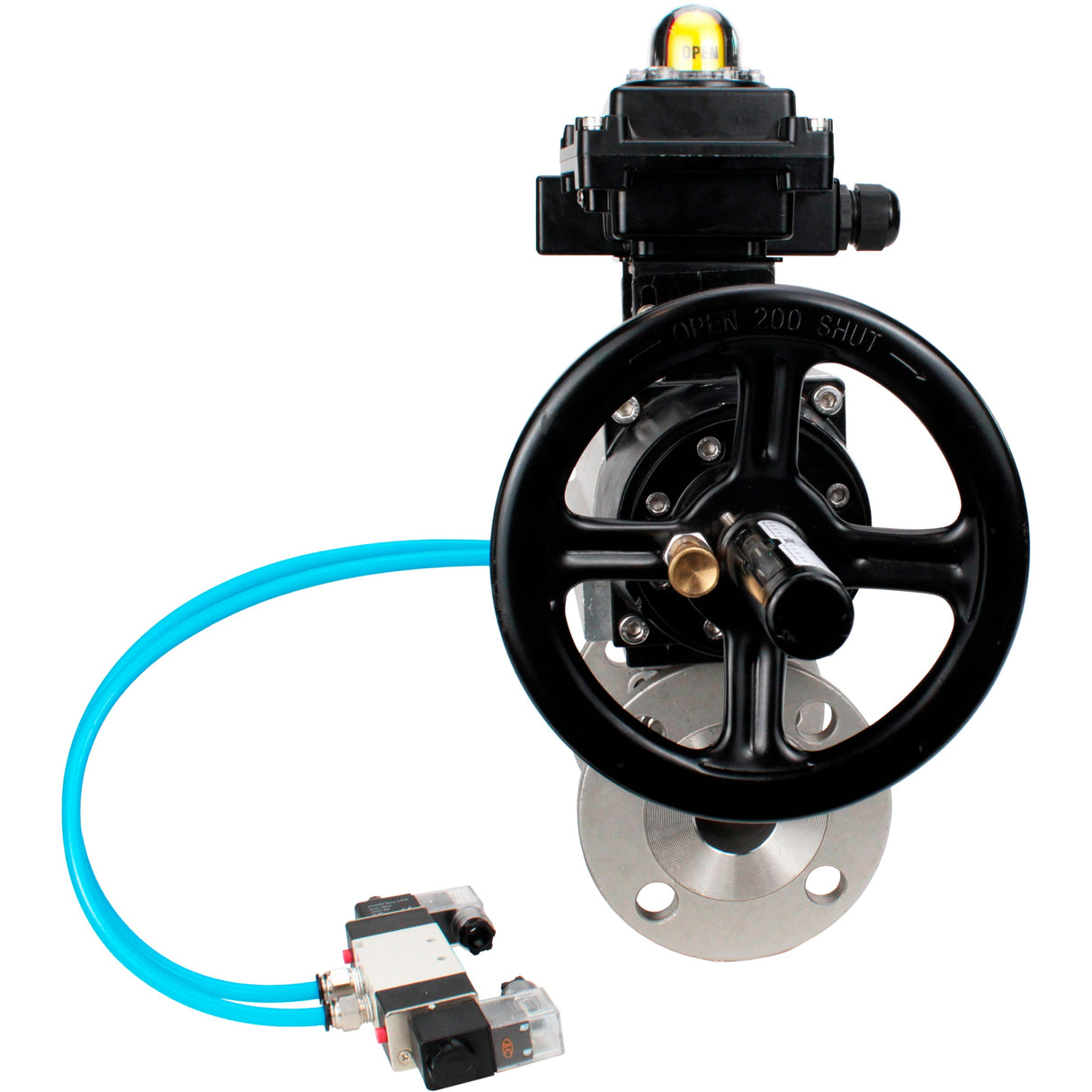 Kugelhähne Elephant BV3131P(3pc)-FP-F-ISO-H DN65-80 16 bar, dreiteilig, voller Durchgang, geflanscht, Edelstahl SS304, Dichtung - PTFE, mit pneumatischem Antrieb PA-DA-105-1 doppeltwirkend, mit pneumatischem Verteiler 4V320-10 220V, mit LSU APL-410N EX