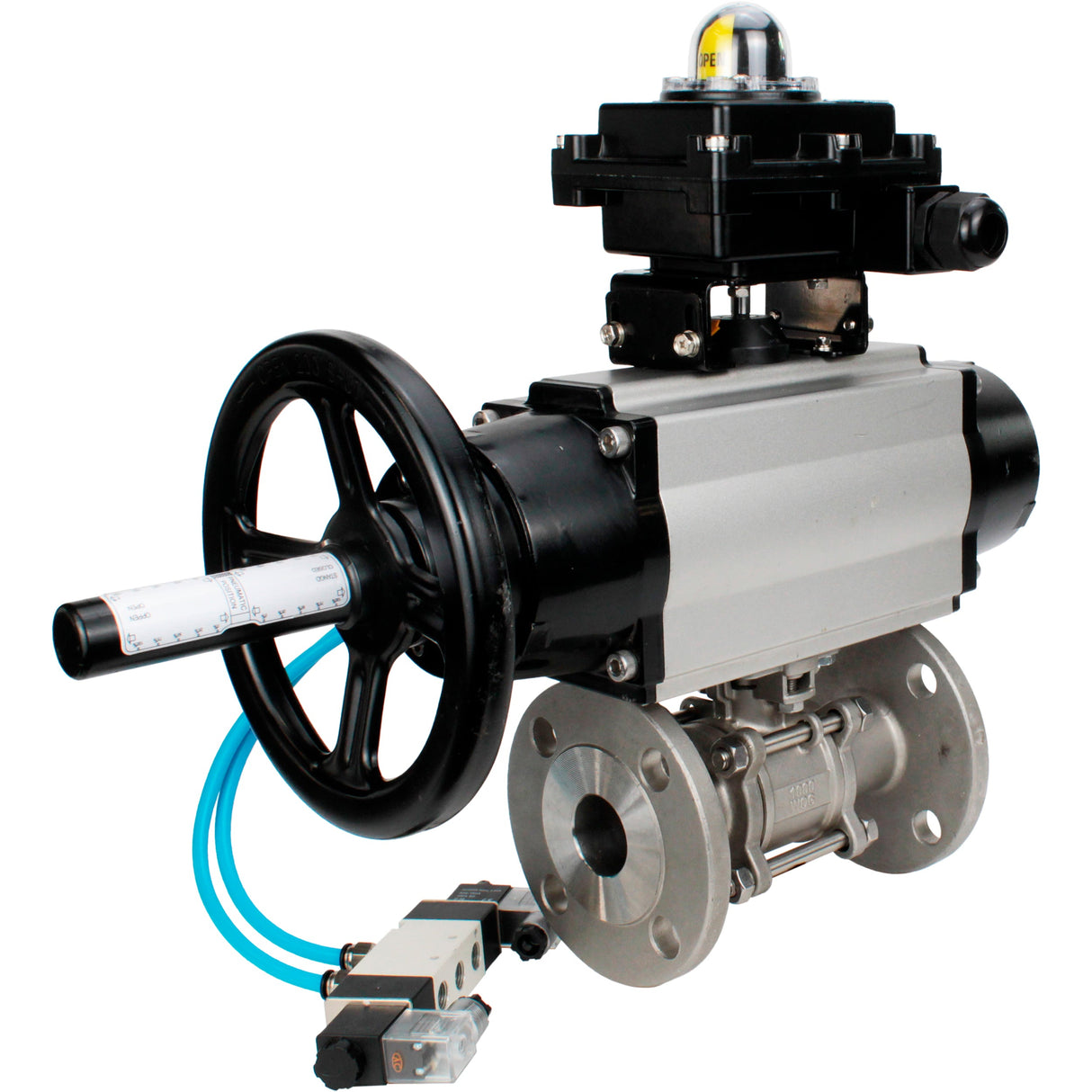 Kugelhähne Elephant BV3232P(3pc)-FP-F-ISO-H DN65-80 16 bar, dreiteilig, voller Durchgang, geflanscht, Edelstahl SS304, Dichtung - PTFE, mit pneumatischem Antrieb PA-DA-105-1 doppeltwirkend, mit pneumatischem Verteiler 4V320-10 220V, mit LSU APL-410N EX