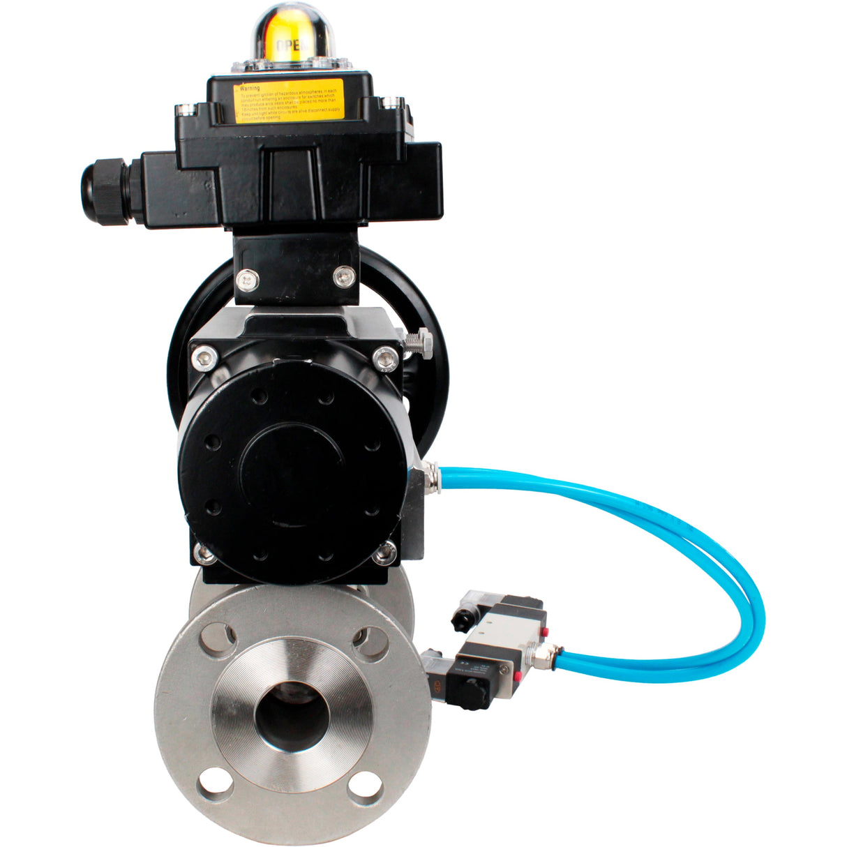 Kugelhähne Elephant BV3131P(3pc)-FP-F-ISO-H DN65-80 16 bar, dreiteilig, voller Durchgang, geflanscht, Edelstahl SS304, Dichtung - PTFE, mit pneumatischem Antrieb PA-DA-105-1 doppeltwirkend, mit pneumatischem Verteiler 4V320-10 220V, mit LSU APL-410N EX