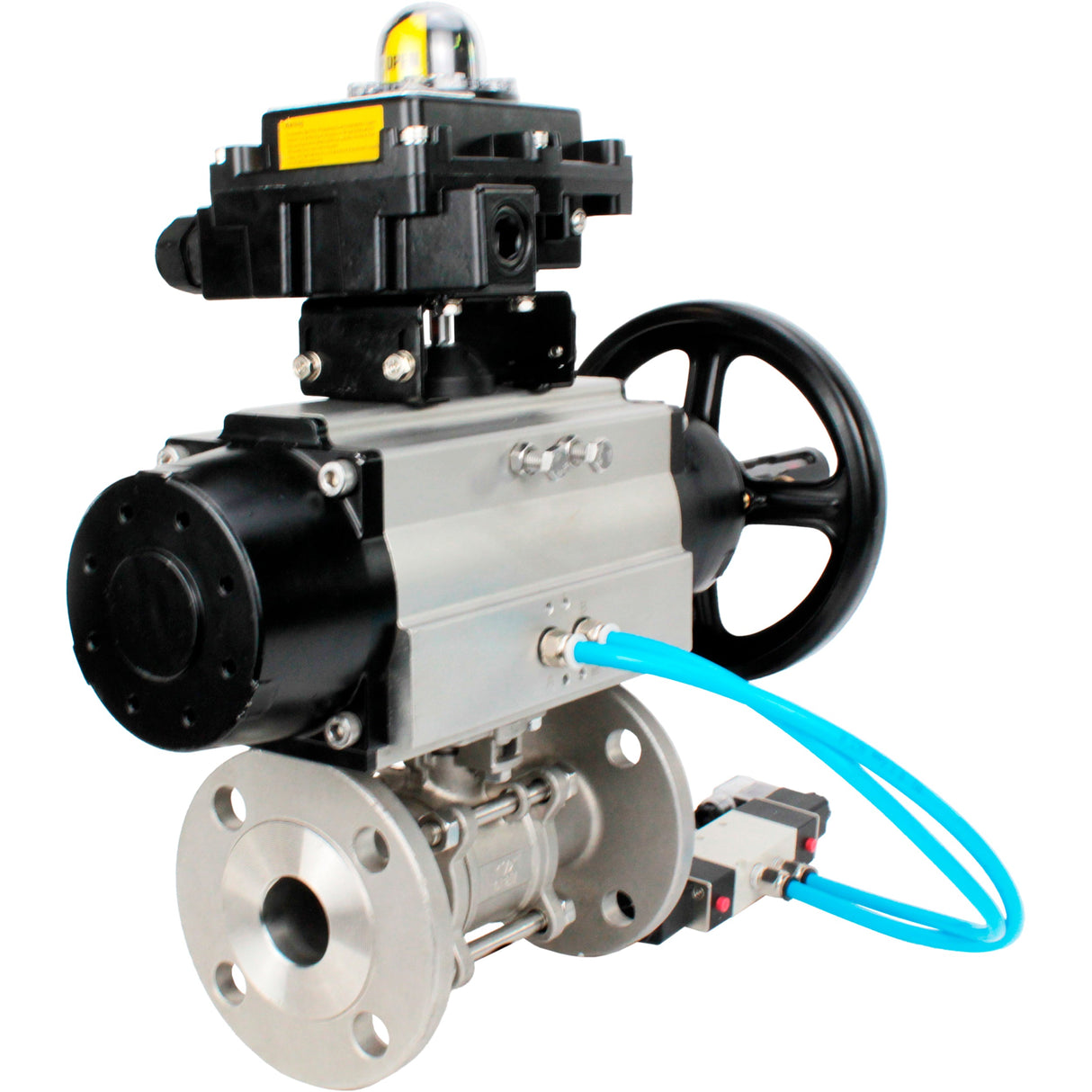 Kugelhähne Elephant BV3131P(3pc)-FP-F-ISO-H DN65-80 16 bar, dreiteilig, voller Durchgang, geflanscht, Edelstahl SS304, Dichtung - PTFE, mit pneumatischem Antrieb PA-DA-105-1 doppeltwirkend, mit pneumatischem Verteiler 4V320-10 220V, mit LSU APL-410N EX