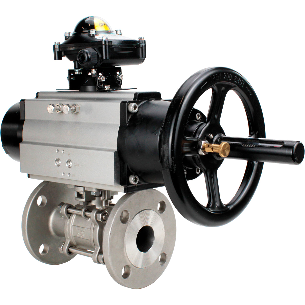 Kugelhähne Elephant BV3131P(3pc)-FP-F-ISO-H DN65-80 16 bar dreiteilig, voller Durchgang, geflanscht, Gehäuse - Edelstahl SS304, Dichtung - PTFE, mit pneumatischem Antrieb Elephant PA-DA und LSU APL-210N