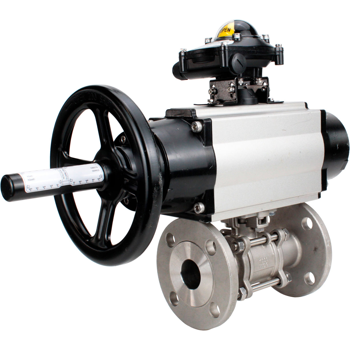 Kugelhähne Elephant BV3232P(3pc)-FP-F-ISO-H DN65-80 16 bar dreiteilig, voller Durchgang, geflanscht, Gehäuse - Edelstahl SS304, Dichtung - PTFE, mit pneumatischem Antrieb Elephant PA-DA und LSU APL-210N