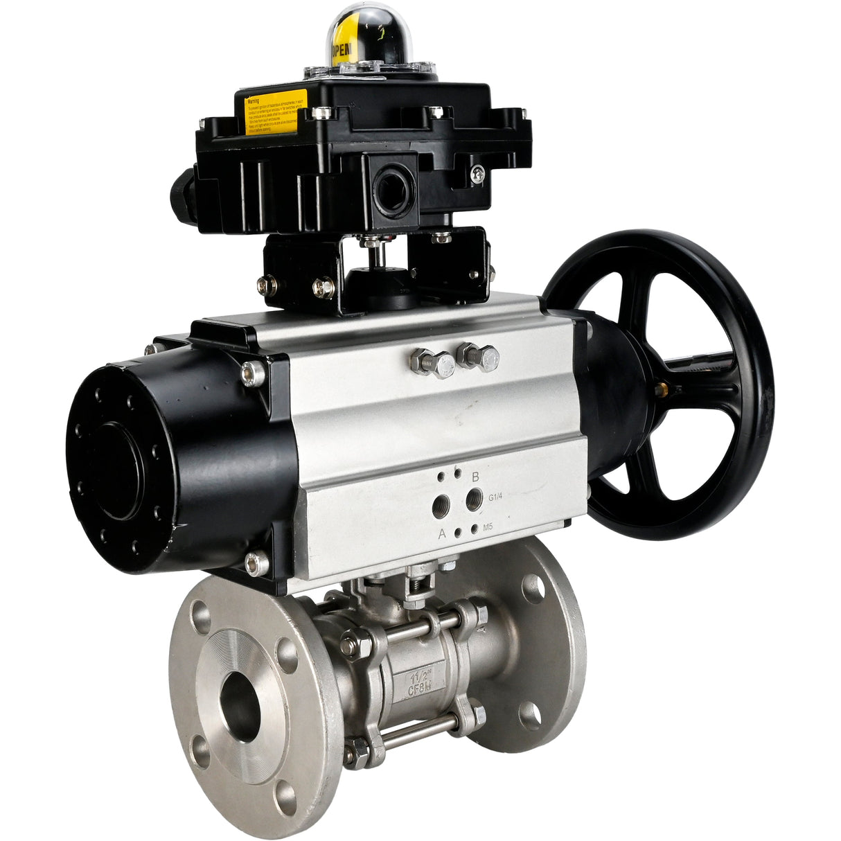 Kugelhähne Elephant BV3232P(3pc)-FP-F-ISO-H DN65-80 16 bar dreiteilig, voller Durchgang, geflanscht, Gehäuse - Edelstahl SS304, Dichtung - PTFE, mit pneumatischem Antrieb Elephant PA-DA und LSU APL-410N EX