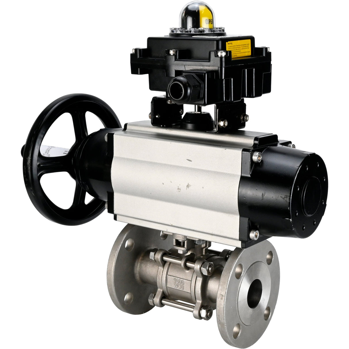 Kugelhähne Elephant BV3232P(3pc)-FP-F-ISO-H DN65-80 16 bar dreiteilig, voller Durchgang, geflanscht, Gehäuse - Edelstahl SS304, Dichtung - PTFE, mit pneumatischem Antrieb Elephant PA-DA und LSU APL-410N EX