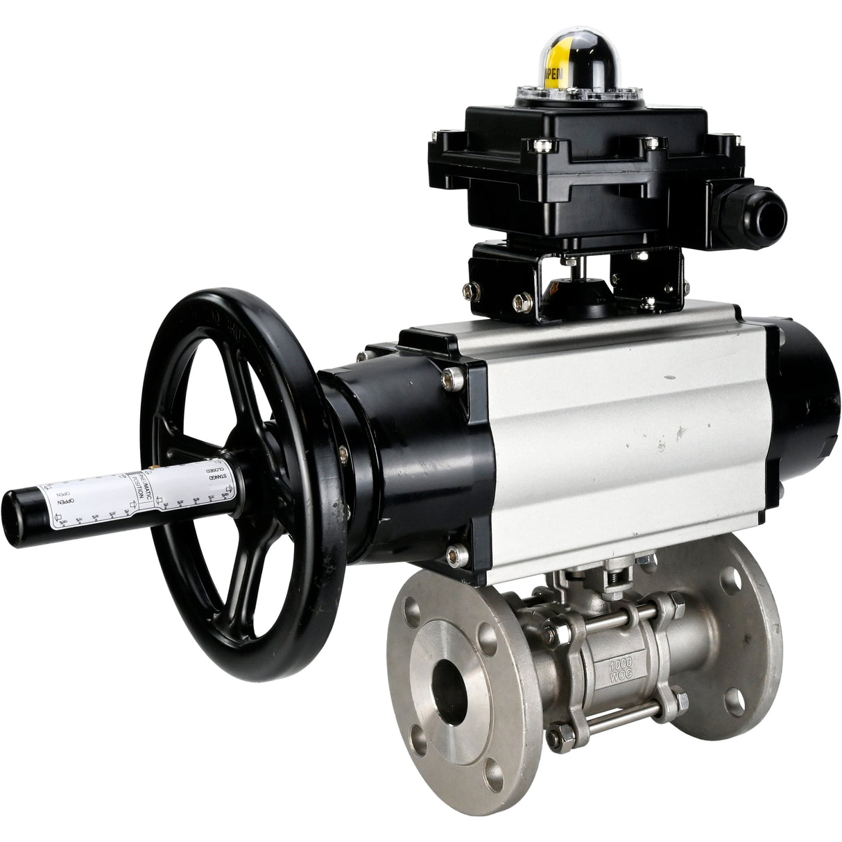 Kugelhähne Elephant BV3232P(3pc)-FP-F-ISO-H DN65-80 16 bar dreiteilig, voller Durchgang, geflanscht, Gehäuse - Edelstahl SS304, Dichtung - PTFE, mit pneumatischem Antrieb Elephant PA-DA und LSU APL-410N EX