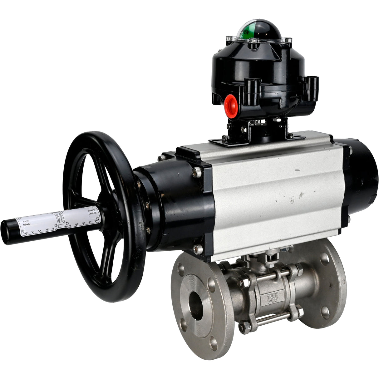 Kugelhähne Elephant BV3131P(3-teilig)-FP-F-ISO-H DN65-80 16 bar dreiteilig, voller Durchgang, geflanscht, Gehäuse - Edelstahl SS304, Dichtung - PTFE, mit pneumatischem Antrieb Elephant PA-DA und LSU APL-510N EX