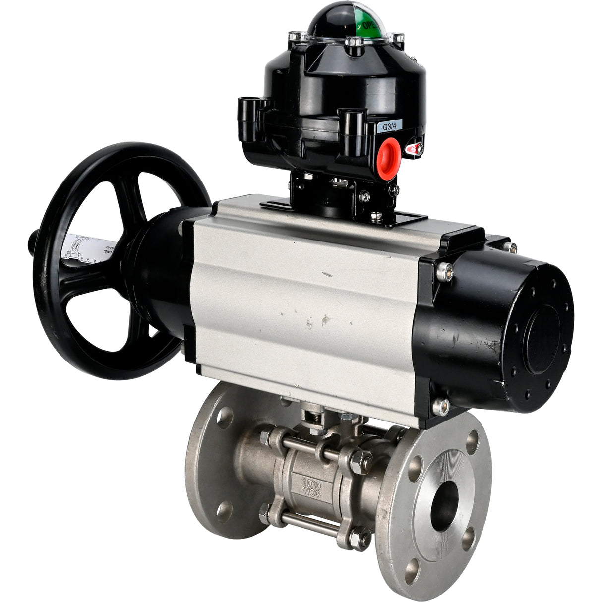 Kugelhähne Elephant BV3131P(3-teilig)-FP-F-ISO-H DN65-80 16 bar dreiteilig, voller Durchgang, geflanscht, Gehäuse - Edelstahl SS304, Dichtung - PTFE, mit pneumatischem Antrieb Elephant PA-DA und LSU APL-510N EX