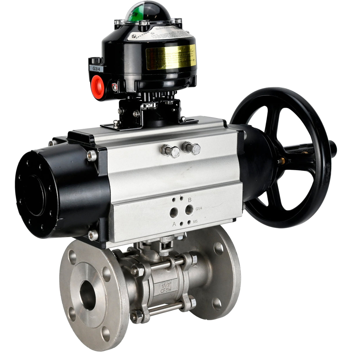 Kugelhähne Elephant BV3232P(3pc)-FP-F-ISO-H DN65-80 16 bar dreiteilig, voller Durchgang, geflanscht, Gehäuse - Edelstahl SS304, Dichtung - PTFE, mit pneumatischem Antrieb Elephant PA-DA und LSU APL-510N EX