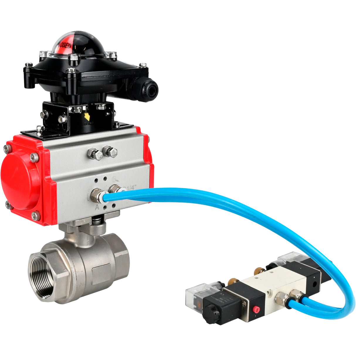 Kugelhähne Elephant BV3232P(2 Stück)-FP-T-ISO-H 16 bar, Vollbohrung Kupplung, Edelstahl SS316, Dichtung - PTFE, mit doppeltwirkendem PA-DA Pneumatikaktuator, mit Pneumatikverteiler 4V320-08 220V, mit LSU APL -210N
